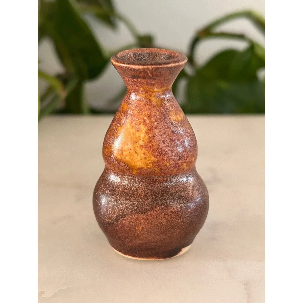 Miniature Ceramic Bud Vase Set of 3 Signed ML Artisan Pottery Teal Bronze Red